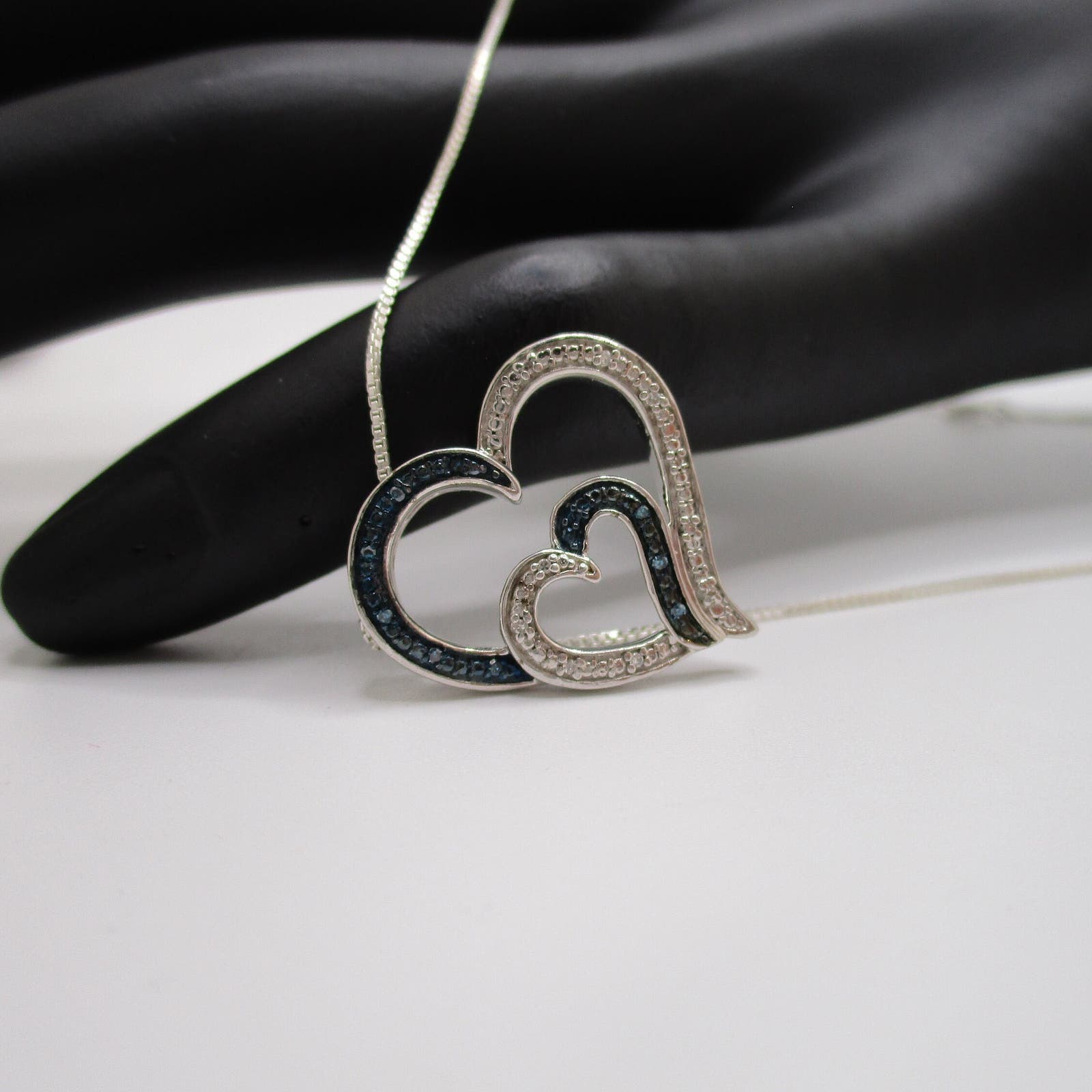 Vintage Jwbr 925 Sterling Double Heart Blue Clear Rhinestone Pendant Necklace